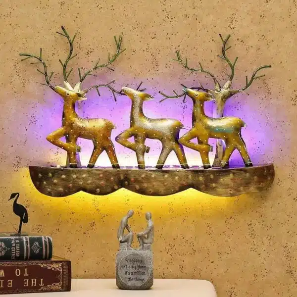 Set of 3 Golden Deer Statues with Light as Wall Decor