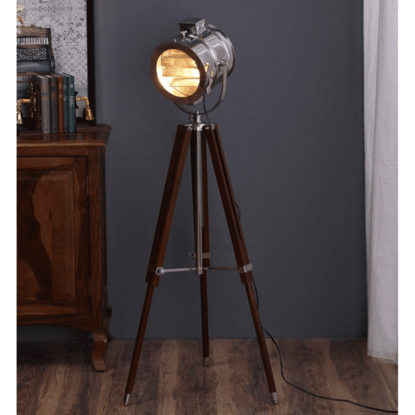 Silver Stainless Steel Made Standing Spotlight With Wooden Tripod