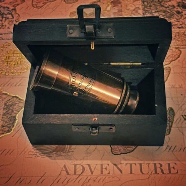 Brass Made Brown Colored Antique Telescope With Wooden Box For Storage 3