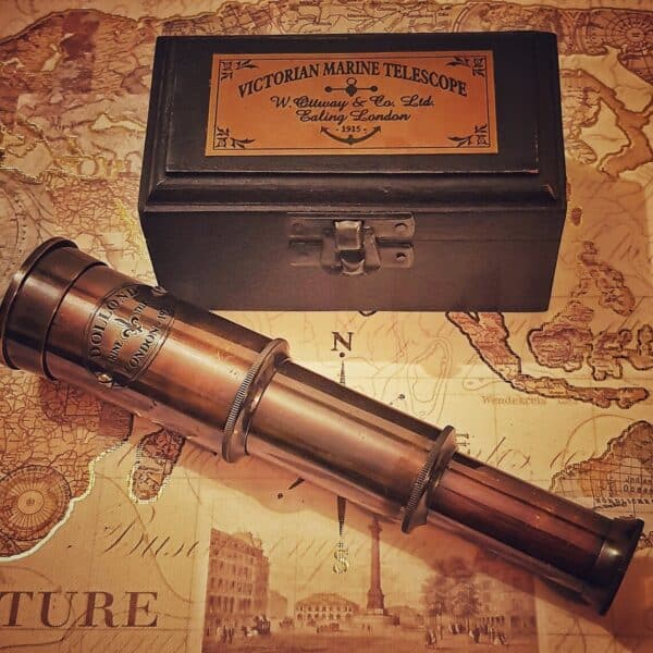 Brass Made Brown Colored Antique Telescope With Wooden Box For Storage 4