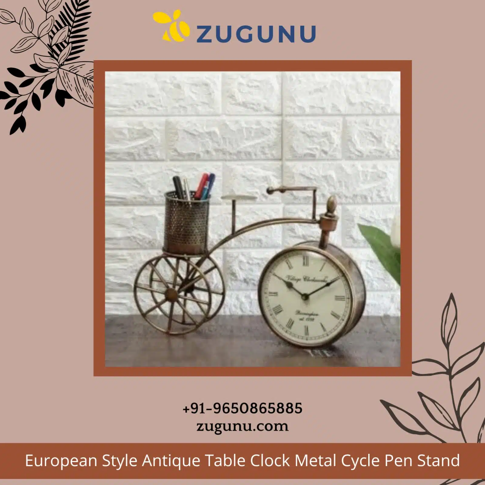 Antique Table Clock Metal Cycle Pen Stand From Zugunu