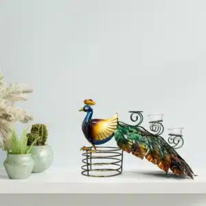 Iron Handmade Painted Peacock 3 Tea Light Stand 2