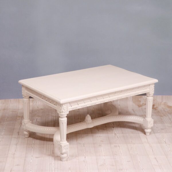 Ethnic Carved Intricate Design White Duco Teak Wood Coffee Table