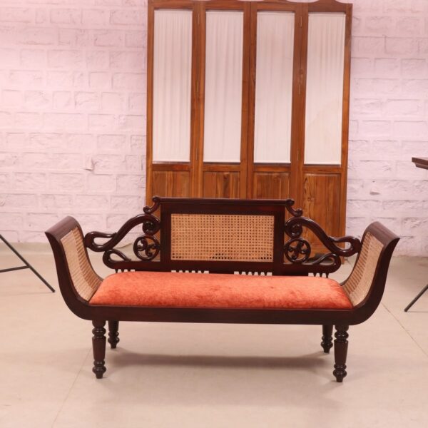 Ethnic Teak Wood Woven Sides Two Seater Couch 1
