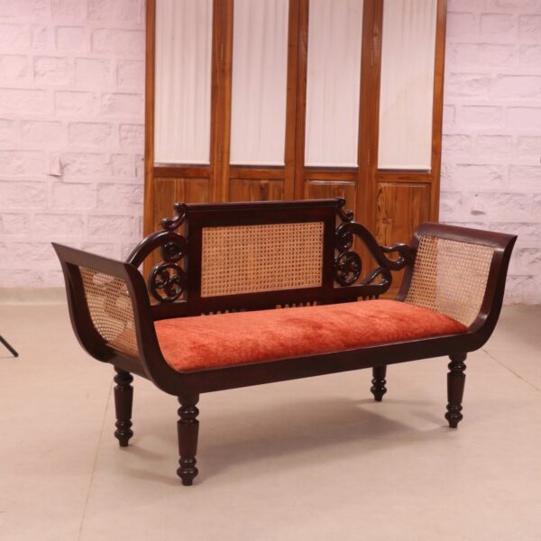 Ethnic Teak Wood Woven Sides Two Seater Couch 3