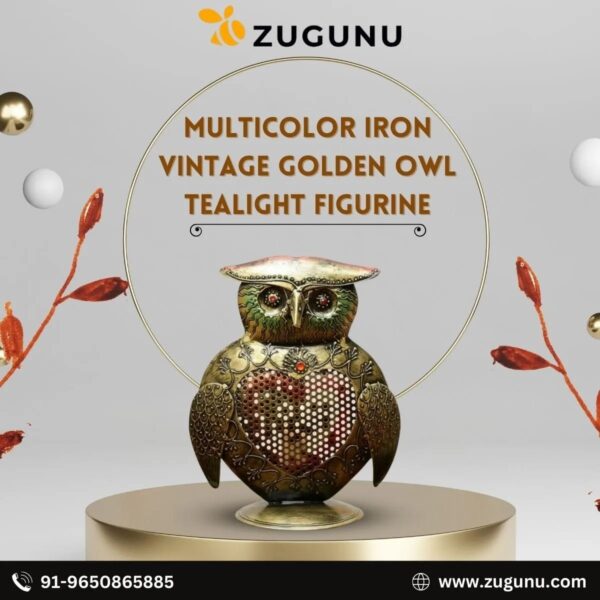 Multicolor Iron Vintage Golden Owl Tealight Figurine 1