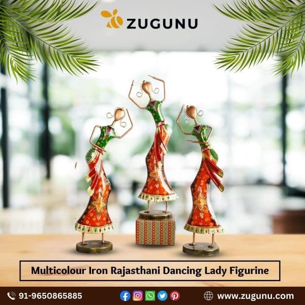 Decorative Multicolor Iron Rajasthani Dancing Lady Figurine 2