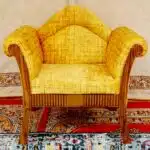 Traditional Yellow Teak Wood Upholstered Single Seater Sofa
