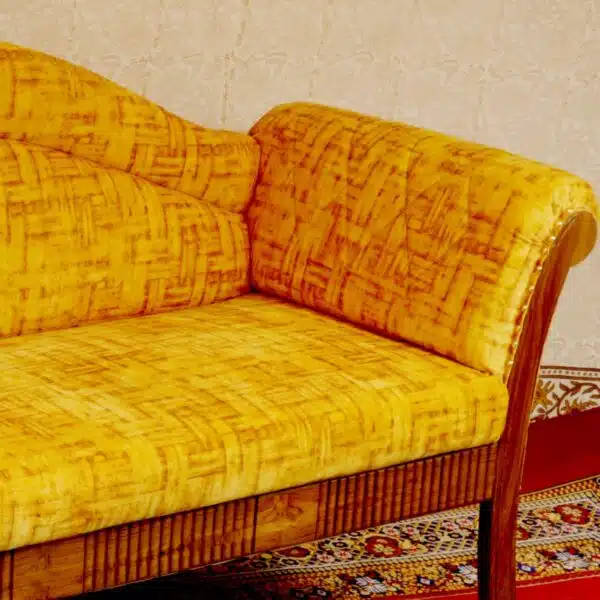 Traditional Yellow Teak Wood Upholstered Three Seater Sofa 1