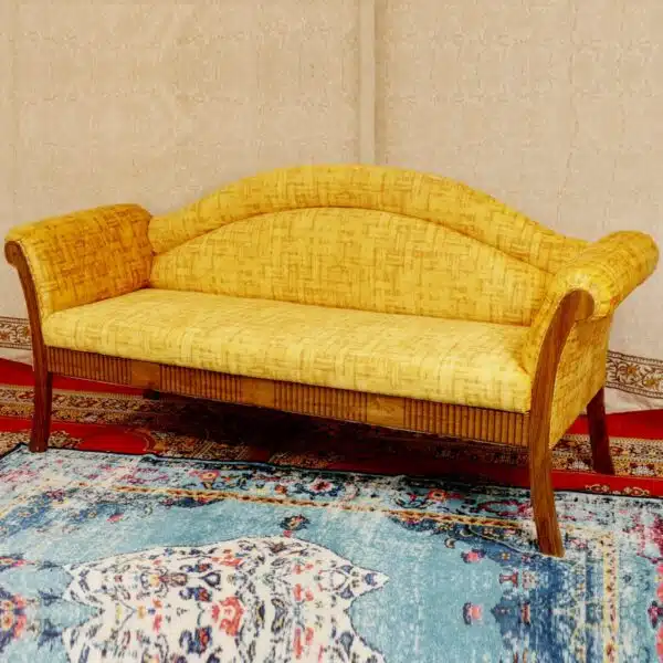 Traditional Yellow Teak Wood Upholstered Three Seater Sofa 2