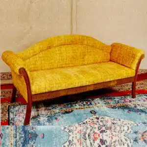 Traditional Yellow Teak Wood Upholstered Three Seater Sofa 4